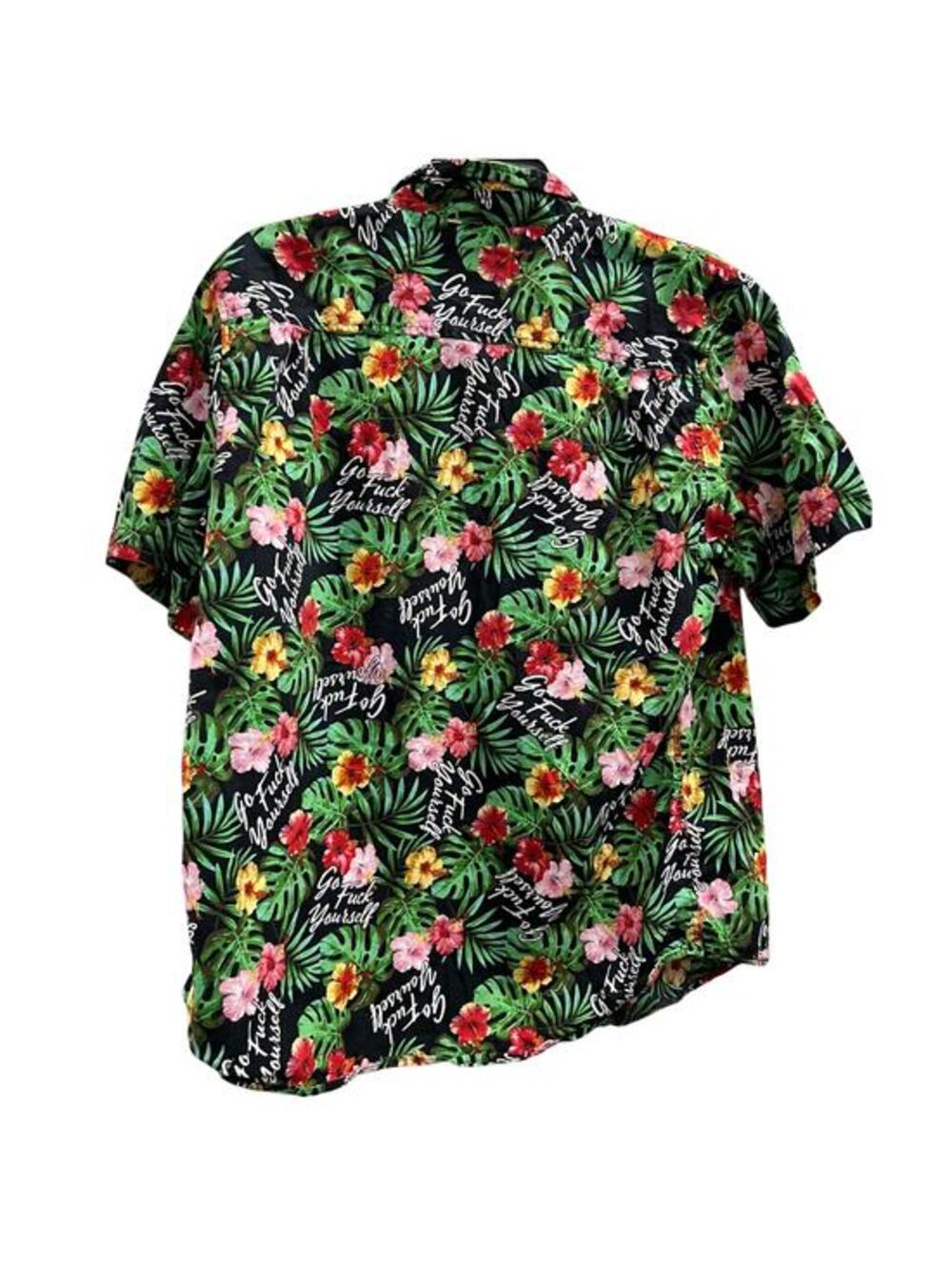Spencer's camp shirt black tropical floral print vulgar go bleep yourself SZ M